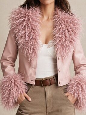 Women's Pink PU Cropped Jacket, Faux Fur Collar Coat, Fur Trim Sleeve